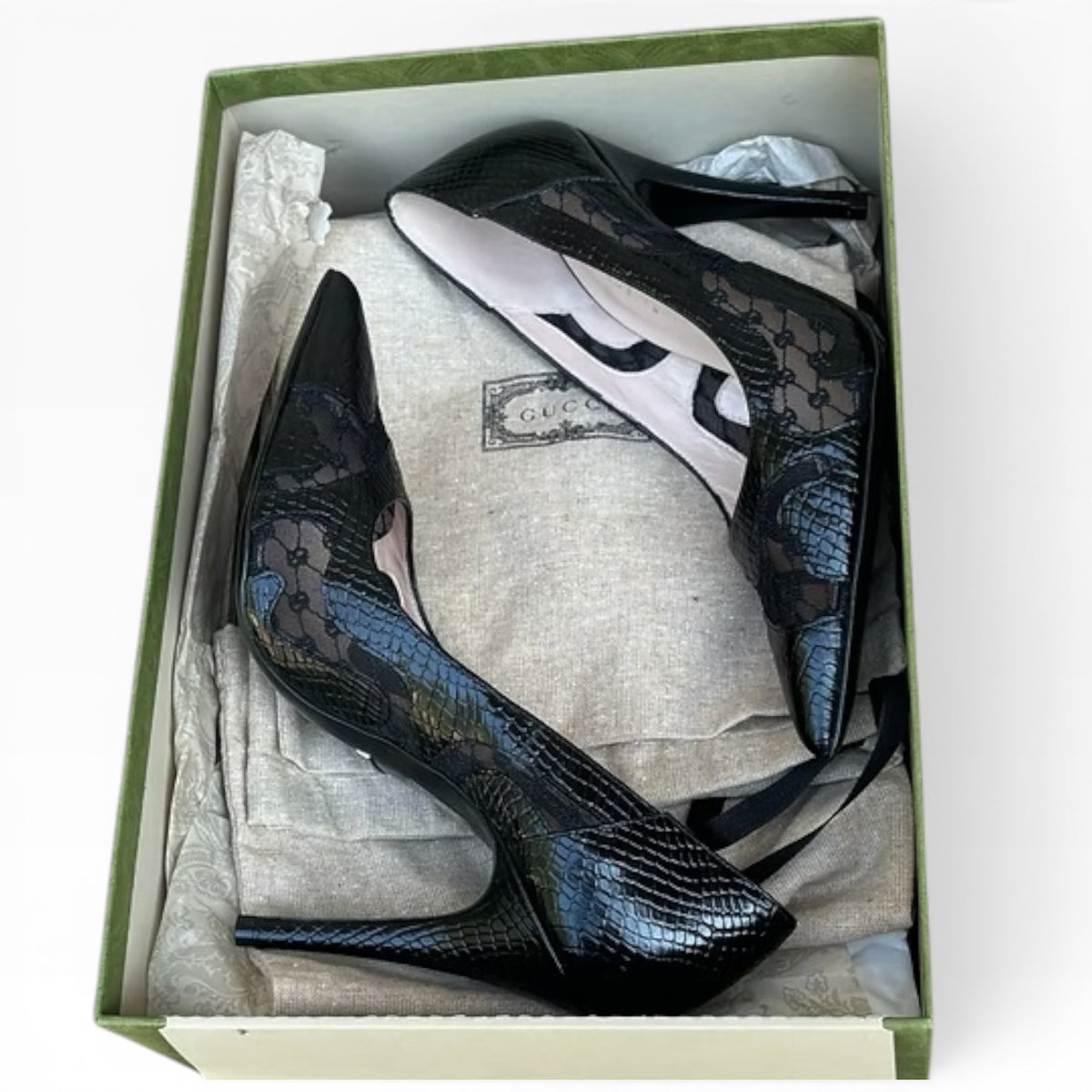 Gucci Black Python Embossed GG Mesh Pumps Size 37 product photograph 7 - VaultedVIP