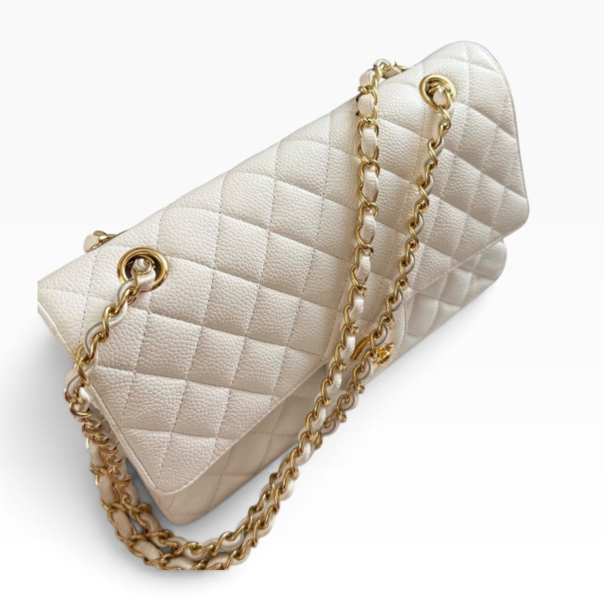 CHANEL Classic Medium Double Flap White Caviar Gold Hardware product photograph 6 - VaultedVIP