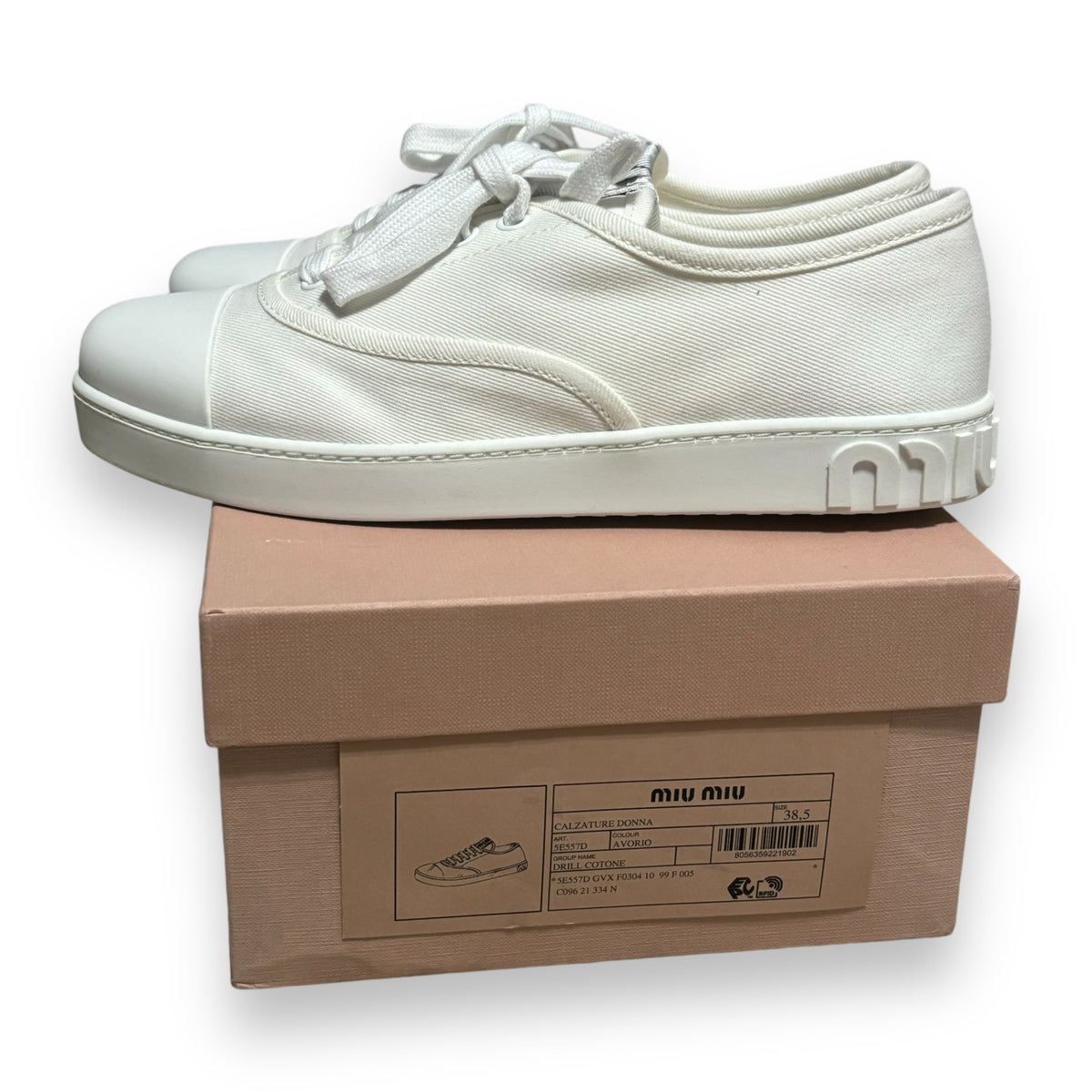Miu Miu Square Cap Toe Lace-Up Sneakers Ivory 38.5 product photograph 2 - VaultedVIP