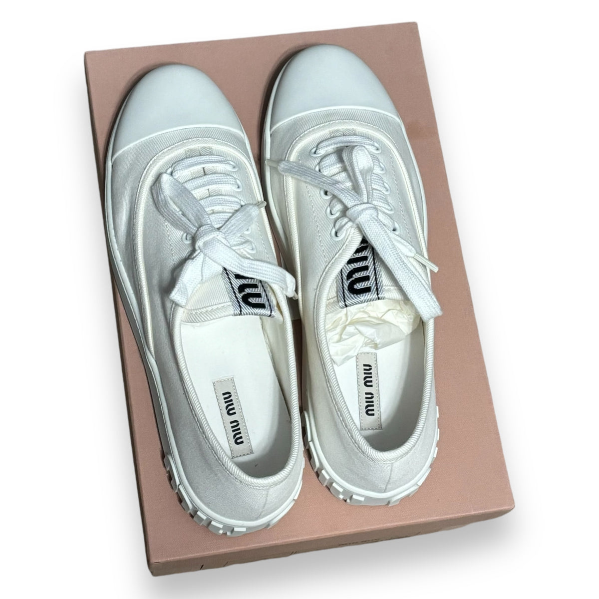 Miu Miu Square Cap Toe Lace-Up Sneakers Ivory 38.5 product photograph 6 - VaultedVIP