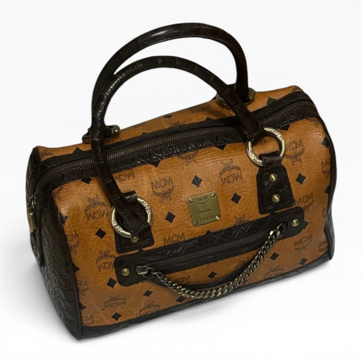 MCM Visetos Crocodile Embossed Boston Satchel product photograph 2 - VaultedVIP