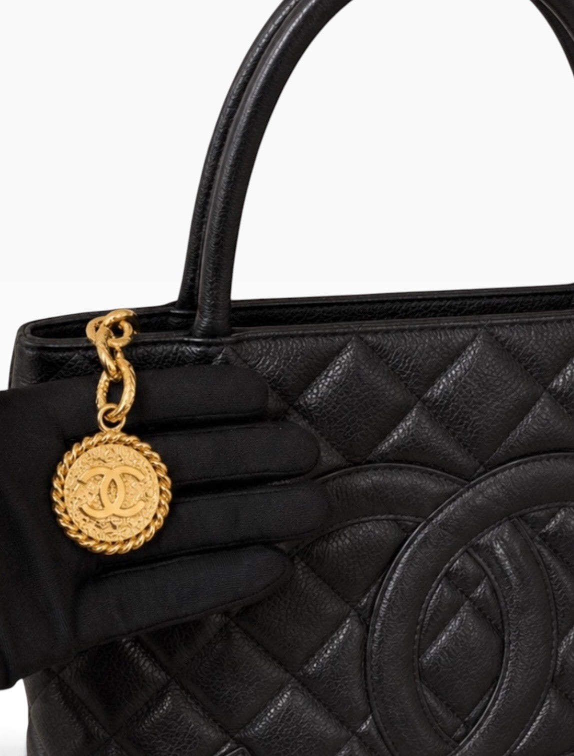 CHANEL Vintage Medallion Tote Black Caviar 24K Gold product photograph 2 - VaultedVIP