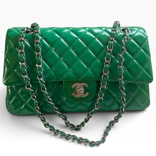 CHANEL Medium Classic Double Flap Emerald Green Patent product photograph 1 - VaultedVIP
