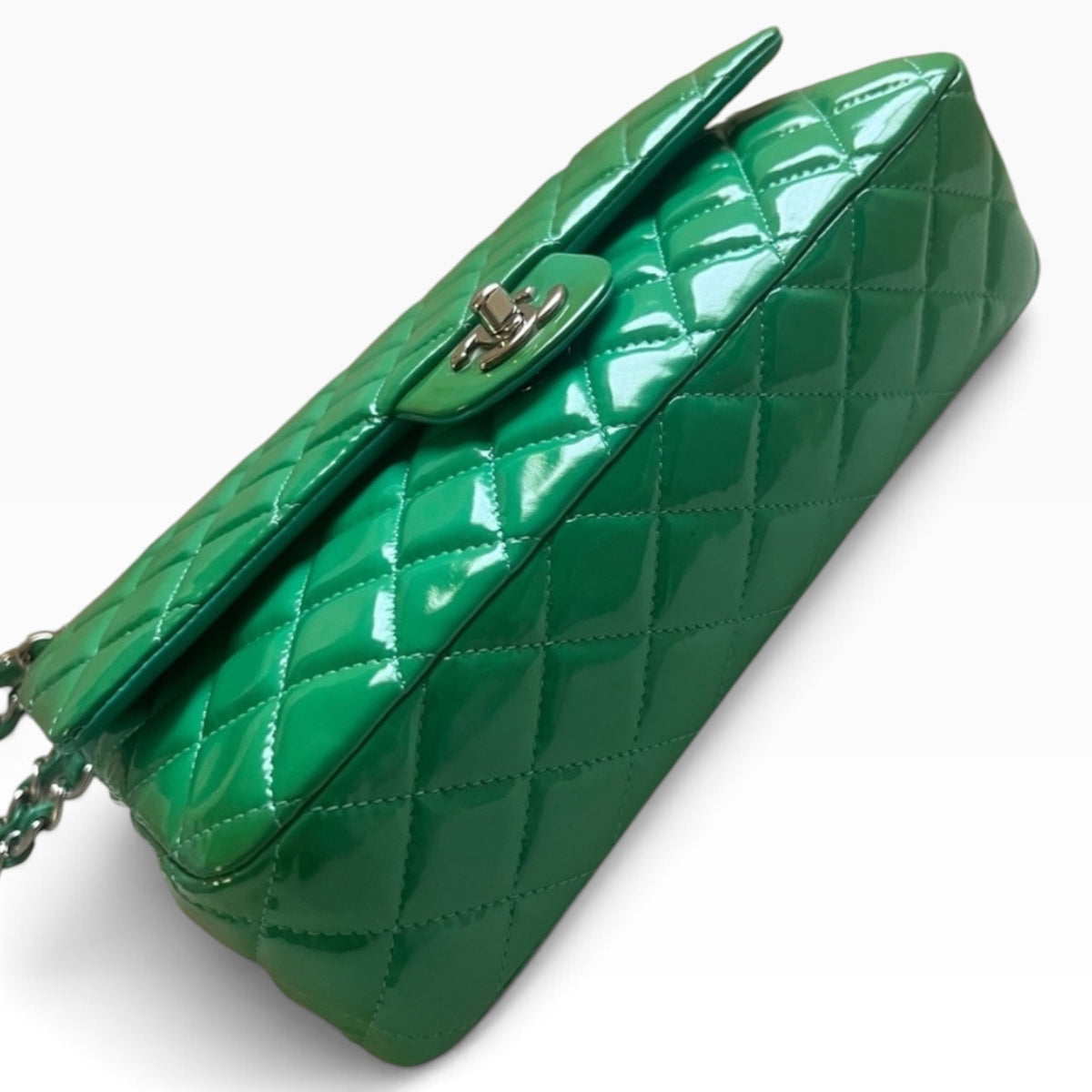 CHANEL Medium Classic Double Flap Emerald Green Patent product photograph 10 - VaultedVIP