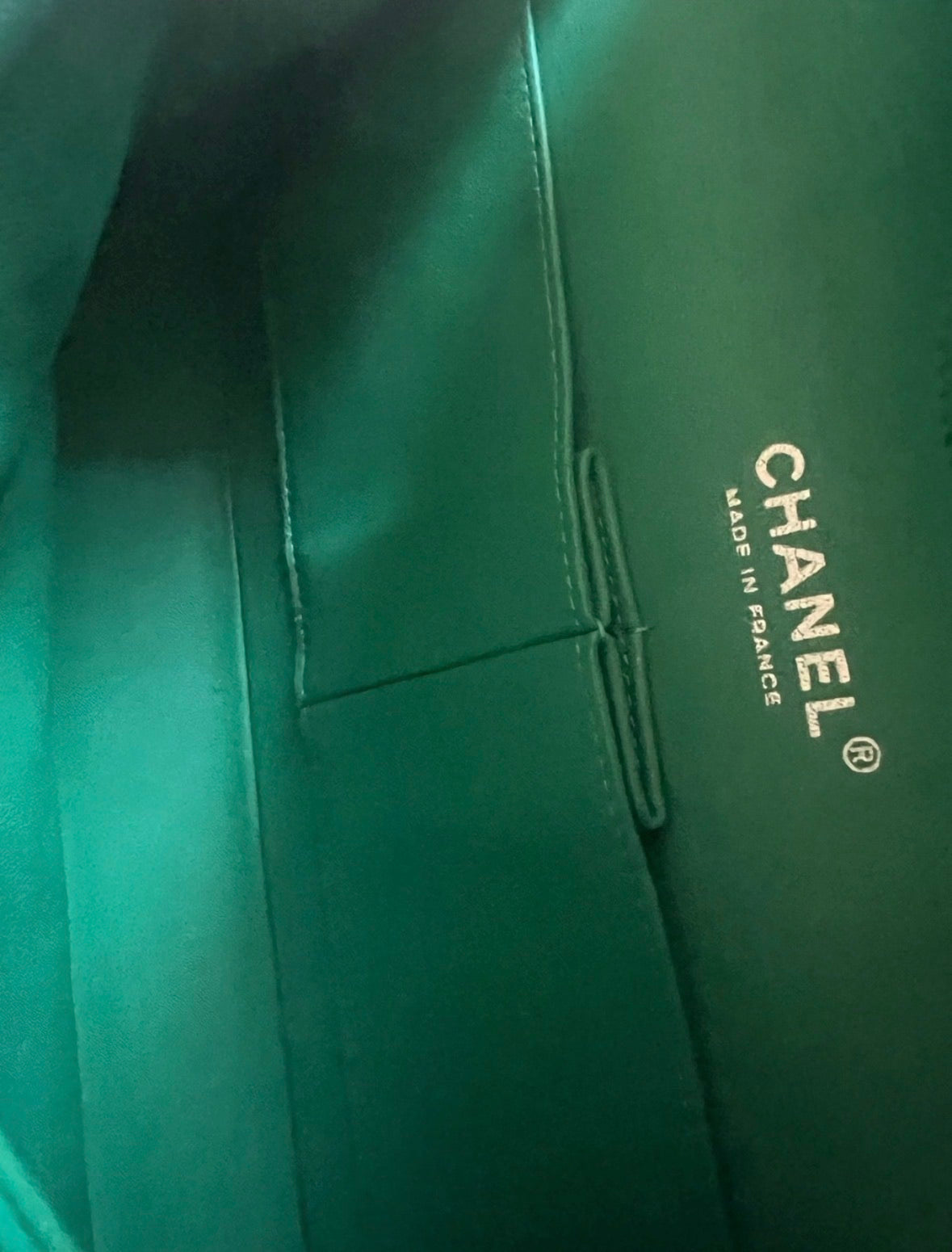 CHANEL Medium Classic Double Flap Emerald Green Patent product photograph 13 - VaultedVIP