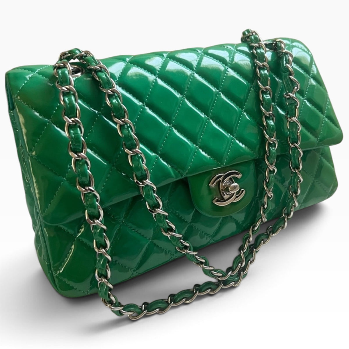 CHANEL Medium Classic Double Flap Emerald Green Patent product photograph 2 - VaultedVIP