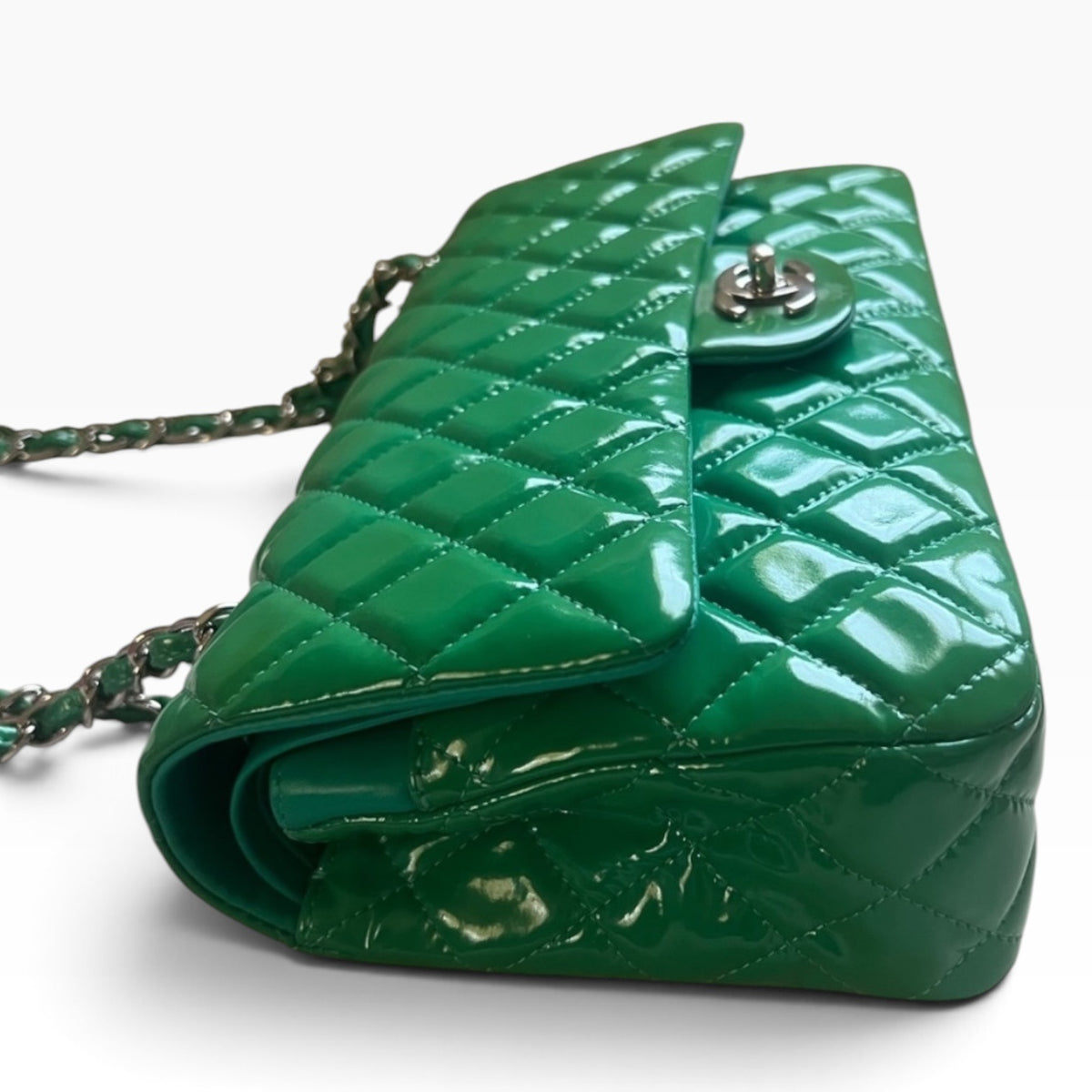 CHANEL Medium Classic Double Flap Emerald Green Patent product photograph 3 - VaultedVIP