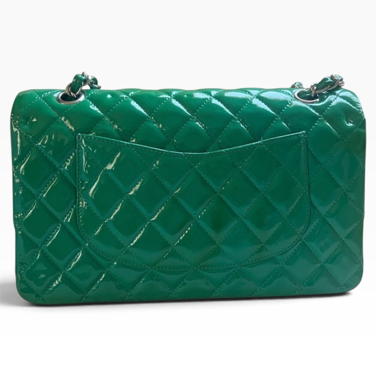 CHANEL Medium Classic Double Flap Emerald Green Patent product photograph 6 - VaultedVIP