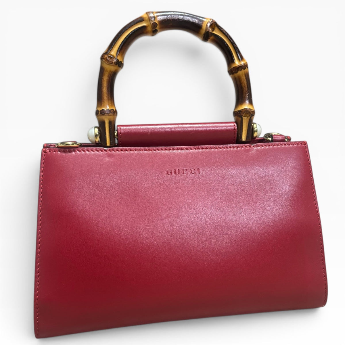 Gucci Red Bamboo Top Handle Bag Pearl Detail product photograph 2 - VaultedVIP