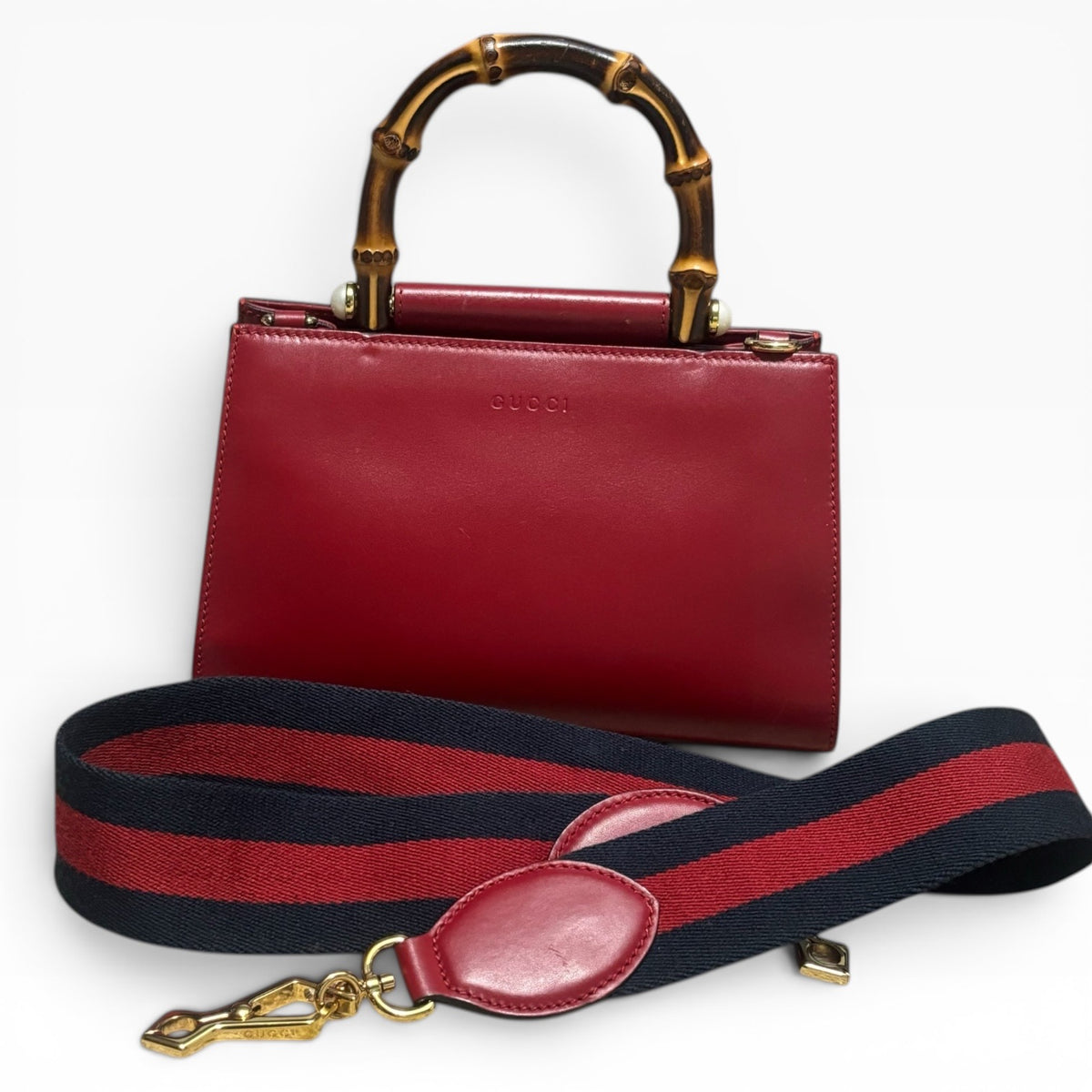 Gucci Red Bamboo Top Handle Bag Pearl Detail product photograph 4 - VaultedVIP