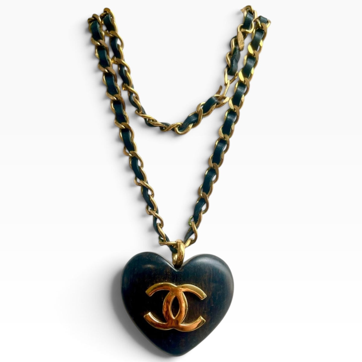 CHANEL Vintage 1992 Runway Wood Heart Necklace 24K Gold product photograph 1 - VaultedVIP