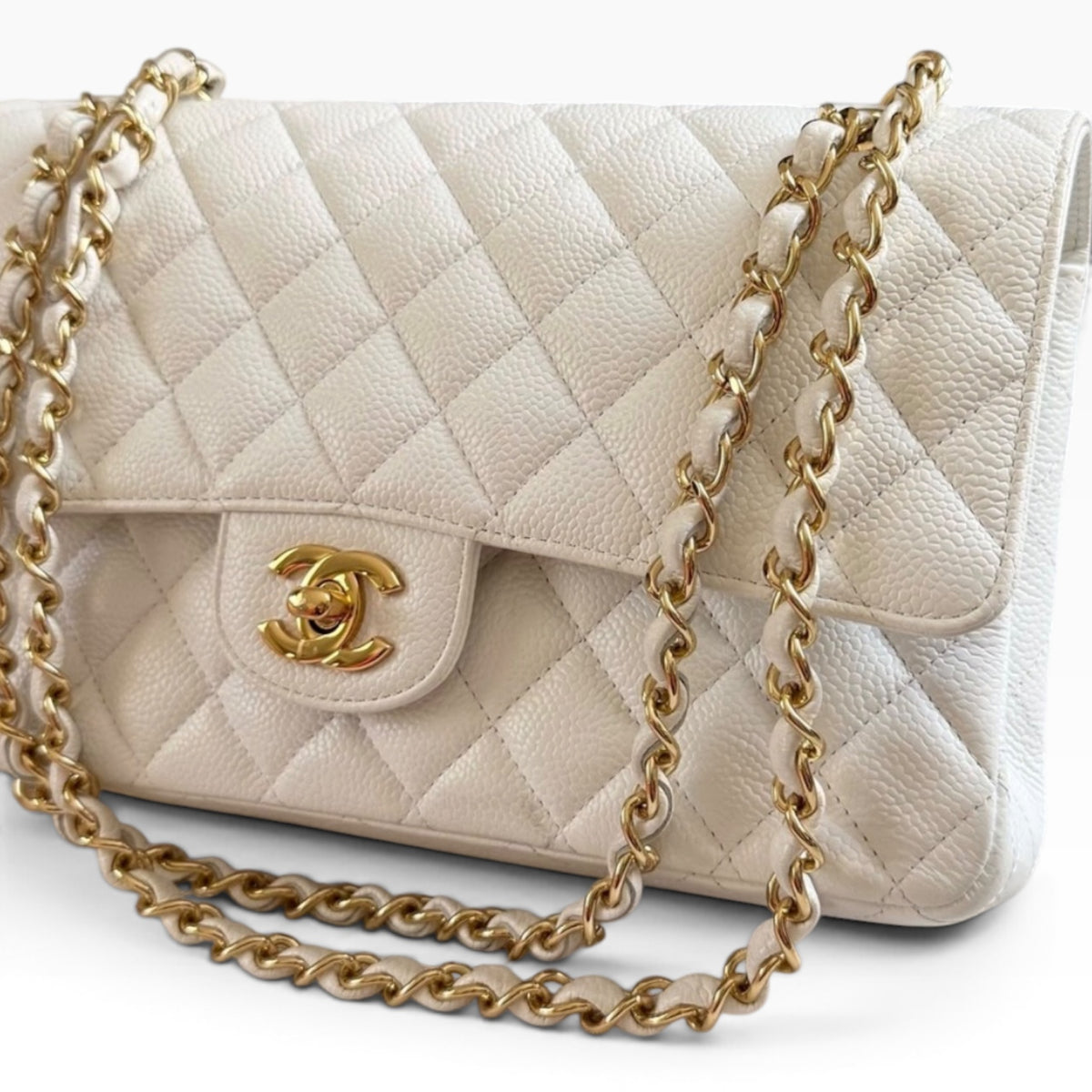 CHANEL Classic Medium Double Flap White Caviar Gold Hardware product photograph 2 - VaultedVIP