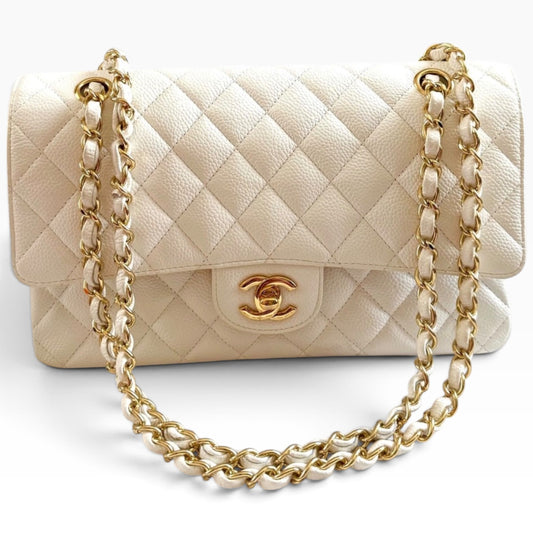 CHANEL Classic Medium Double Flap White Caviar Gold Hardware product photograph 1 - VaultedVIP