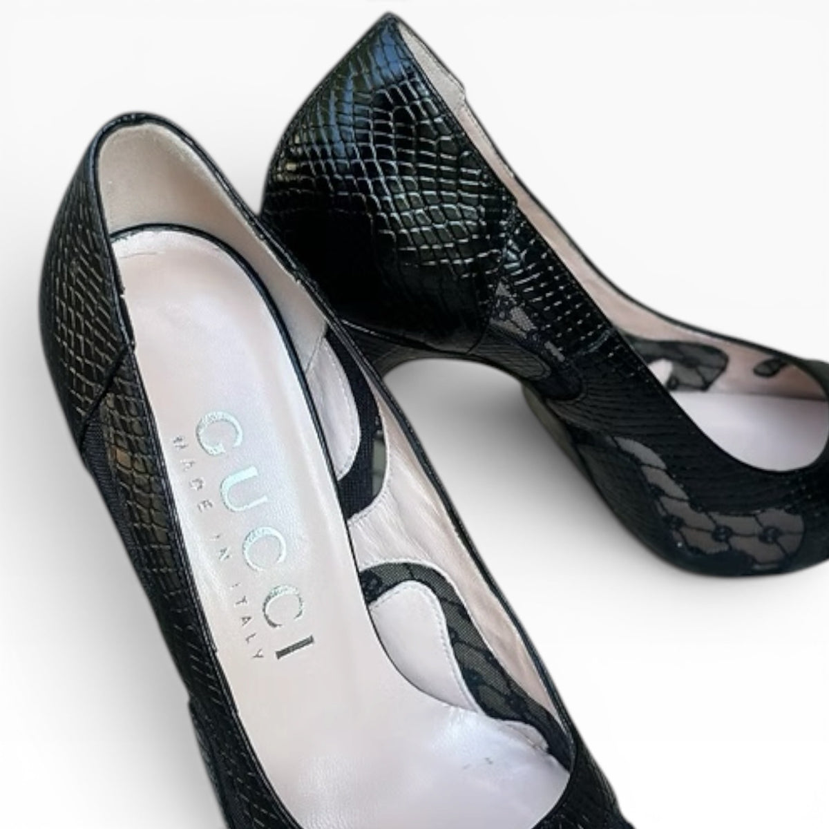 Gucci Black Python Embossed GG Mesh Pumps Size 37 product photograph 6 - VaultedVIP