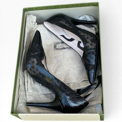 Gucci Black Python Embossed GG Mesh Pumps Size 37 product photograph 7 - VaultedVIP