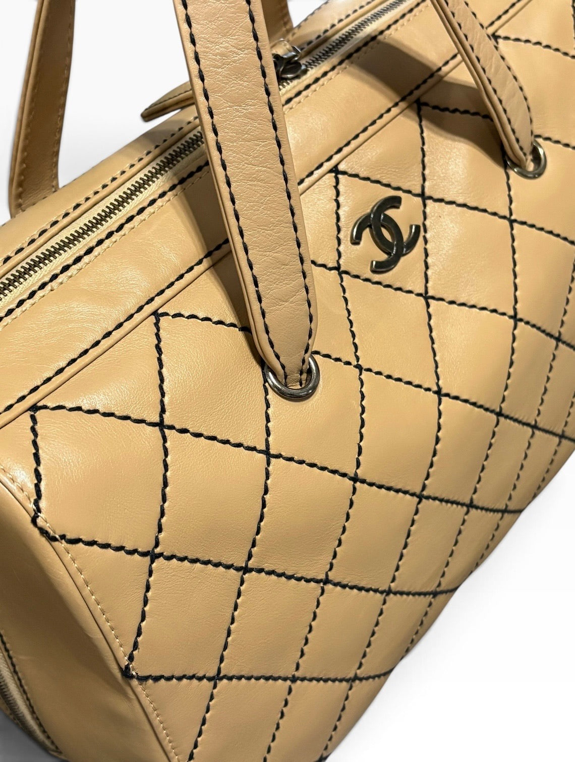 CHANEL Vintage Wild Stitch Boston Bowler Beige Black product photograph 11 - VaultedVIP