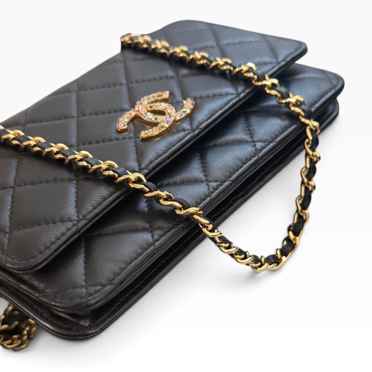 Chanel Wallet on Chain WOC Black Lambskin Multicolor Crystal CC product photograph 6 - VaultedVIP