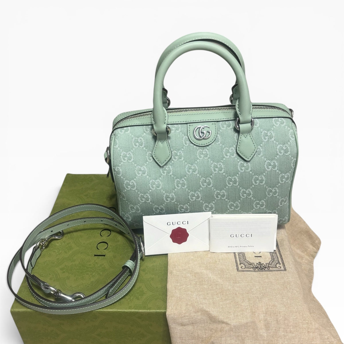 Gucci Mini Ophidia GG Top Handle Green Denim product photograph 1 - VaultedVIP