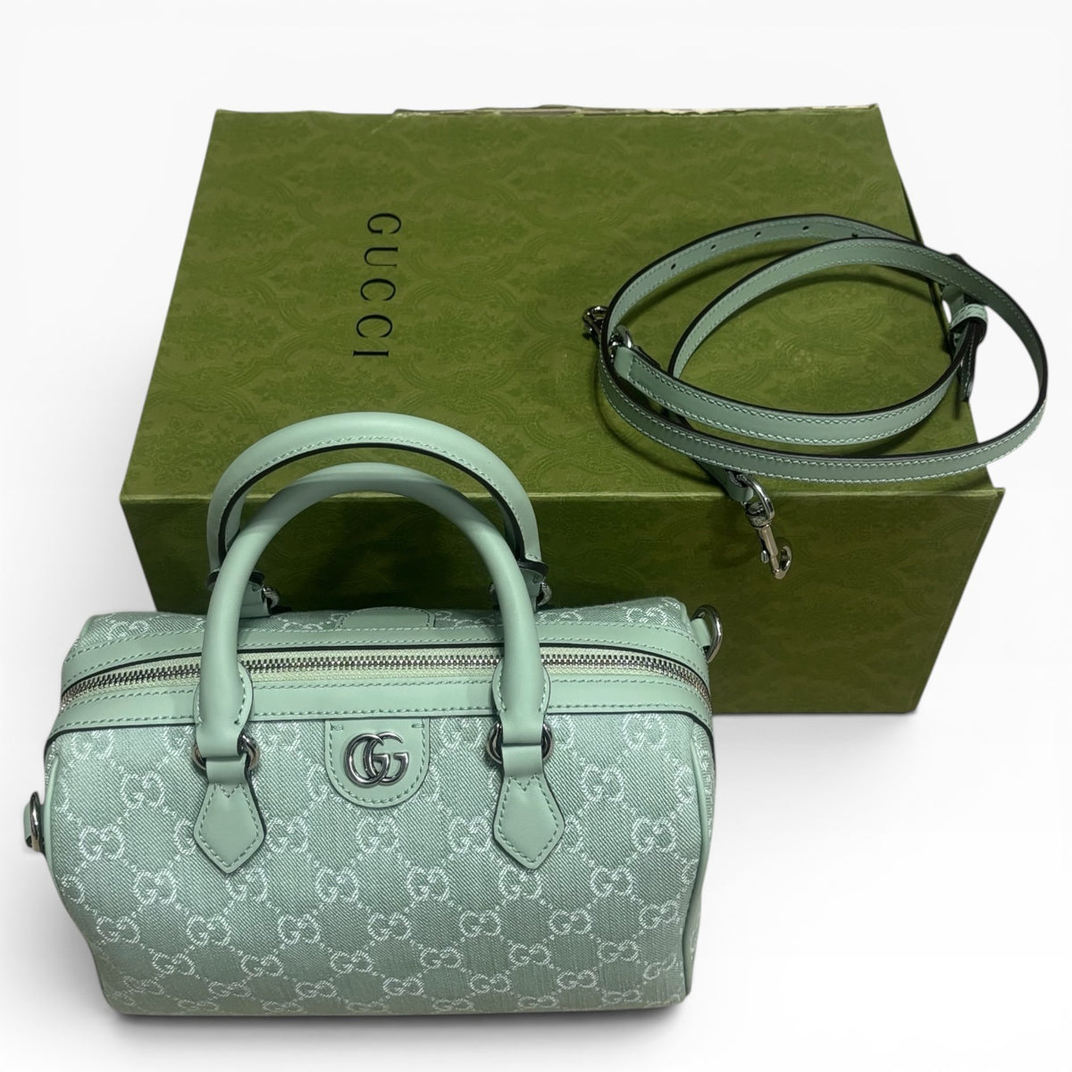 Gucci Mini Ophidia GG Top Handle Green Denim product photograph 2 - VaultedVIP