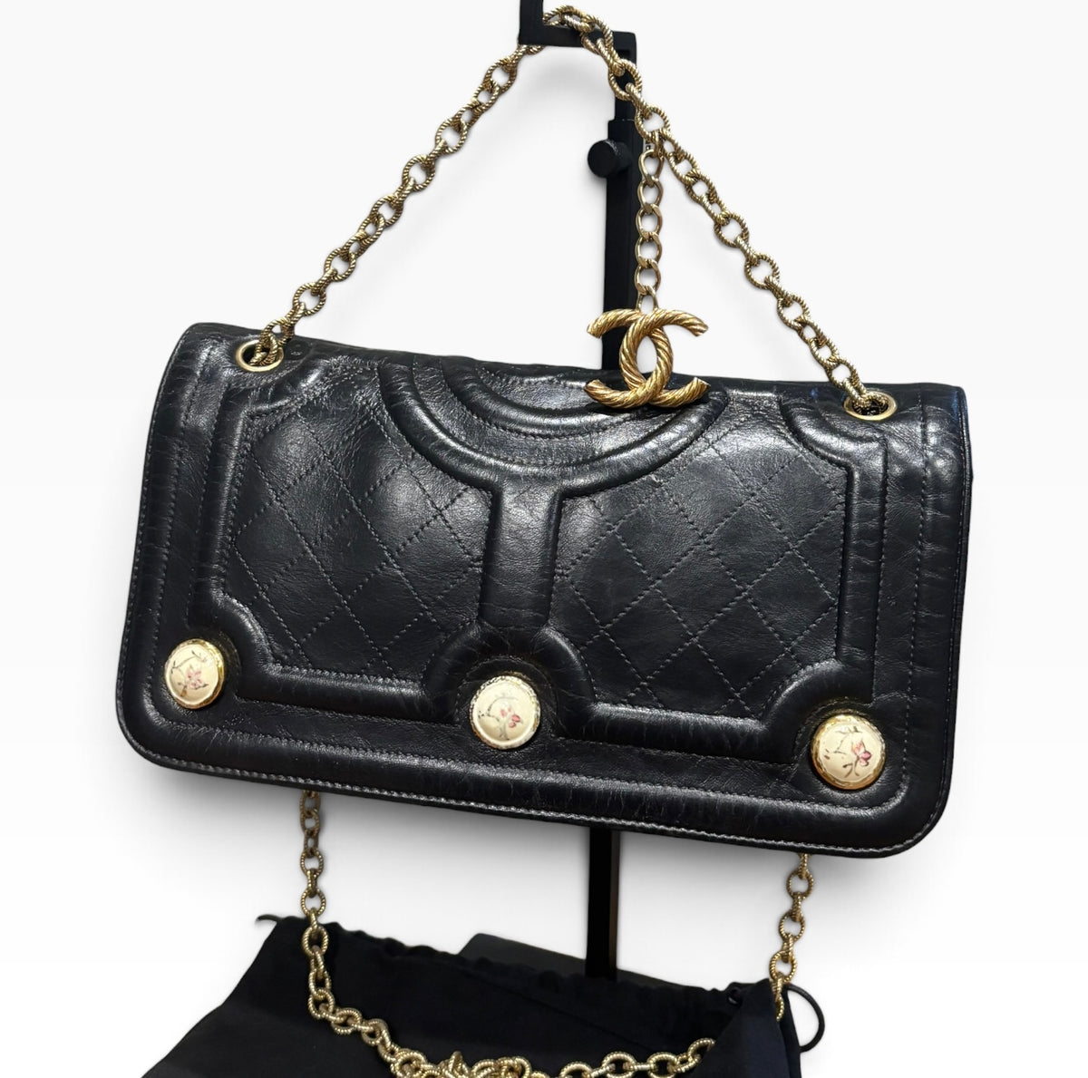 CHANEL Evening in Versailles Black Quilted Leather Chain Bag with Porcelain Accents
