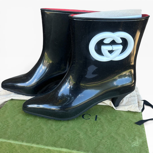 Gucci Interlocking G Black White Rubber Boots Size 40 product photograph 1 - VaultedVIP