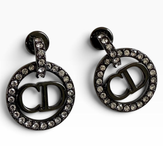 DIOR Crystal CD Logo Circle Drop Earrings Black Ruthenium product photograph 1 - VaultedVIP