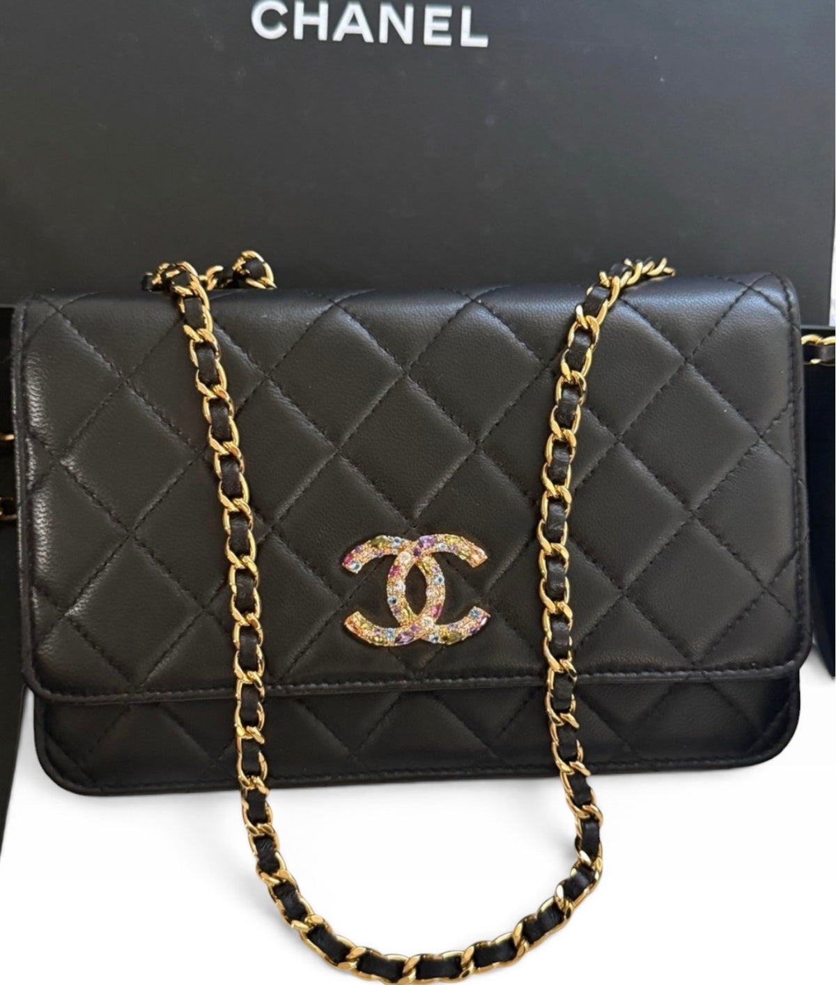 Chanel Wallet on Chain WOC Black Lambskin Multicolor Crystal CC product photograph 1 - VaultedVIP