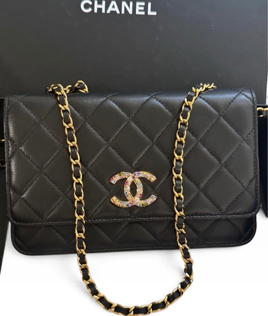 Chanel Wallet on Chain WOC Black Lambskin Multicolor Crystal CC product photograph 1 - VaultedVIP