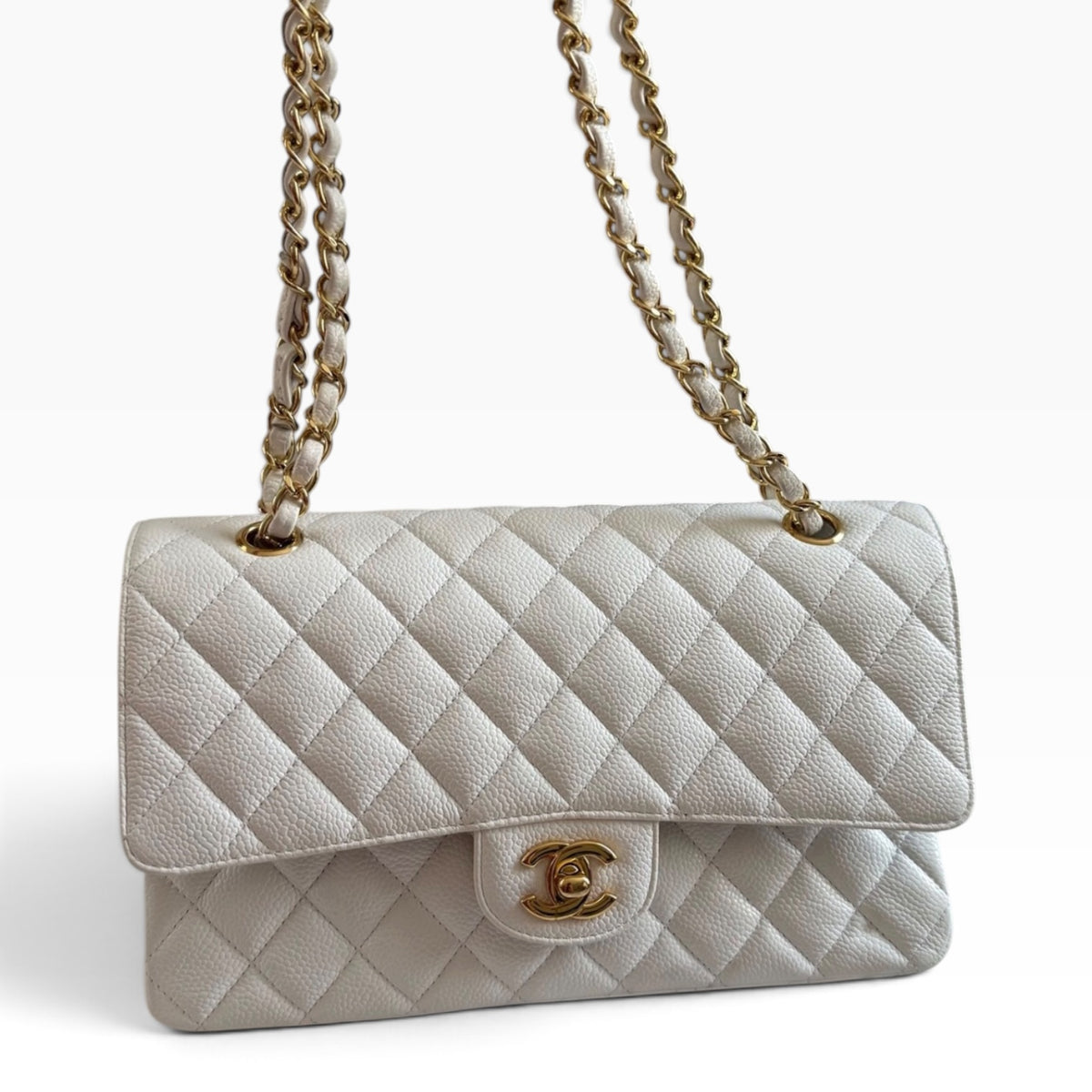 CHANEL Classic Medium Double Flap White Caviar Gold Hardware product photograph 5 - VaultedVIP