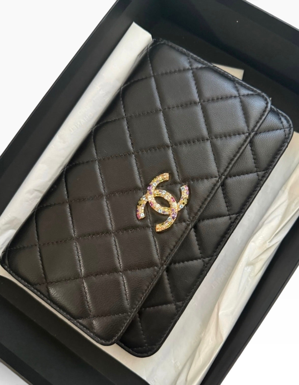 Chanel Wallet on Chain WOC Black Lambskin Multicolor Crystal CC product photograph 5 - VaultedVIP