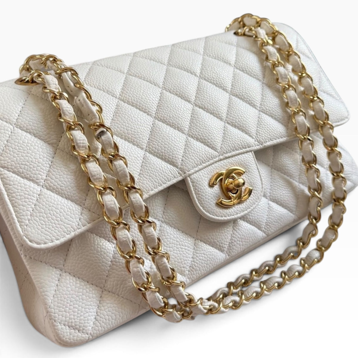 CHANEL Classic Medium Double Flap White Caviar Gold Hardware product photograph 3 - VaultedVIP