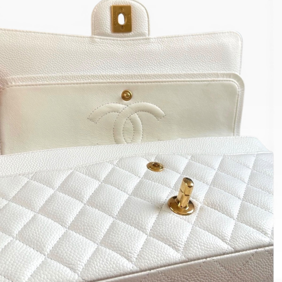 CHANEL Classic Medium Double Flap White Caviar Gold Hardware product photograph 12 - VaultedVIP