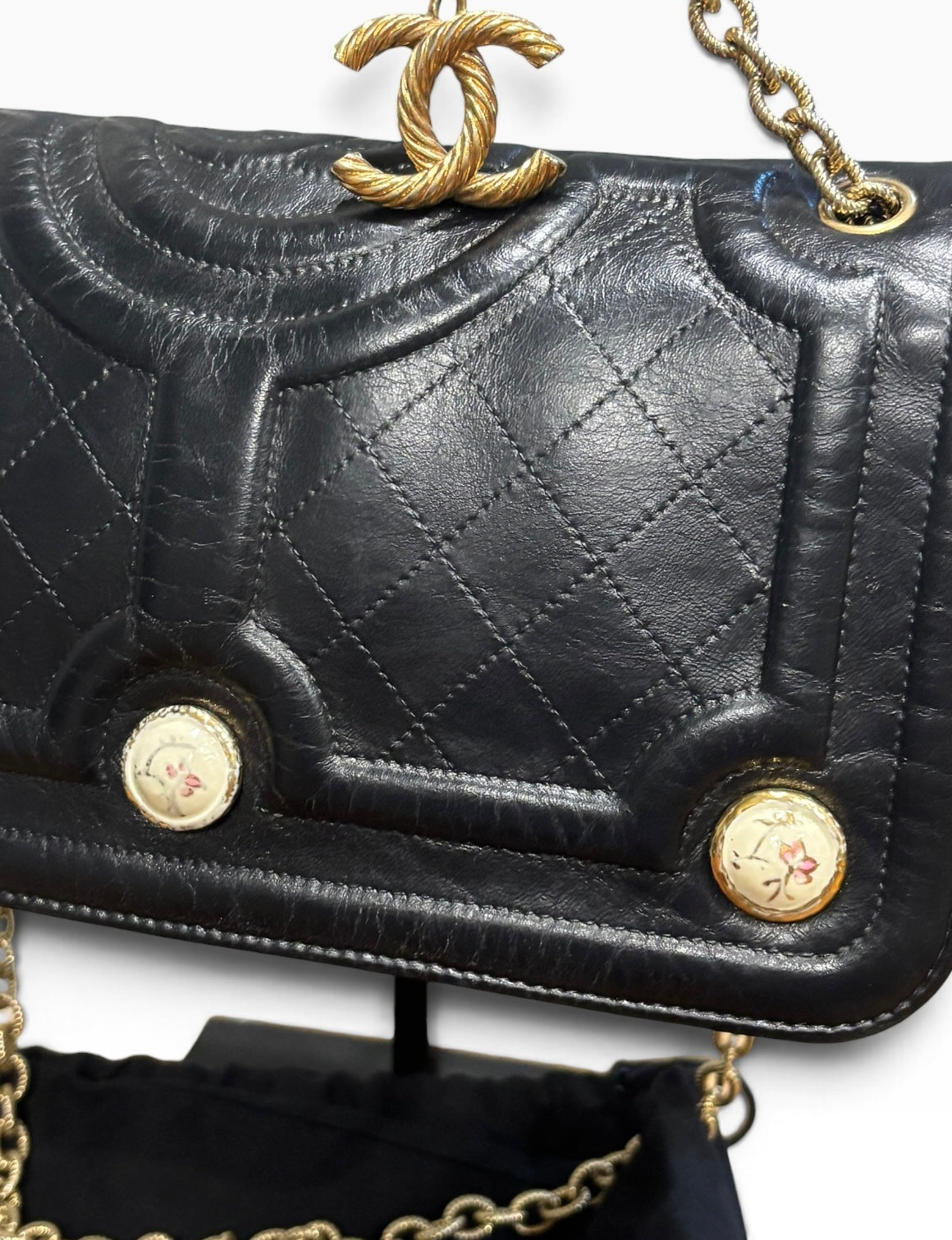 CHANEL Evening in Versailles Black Quilted Leather Chain Bag with Porcelain Accents