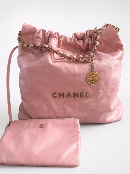 CHANEL 22 Medium Pink Shiny Calfskin Gold product photograph 1 - VaultedVIP