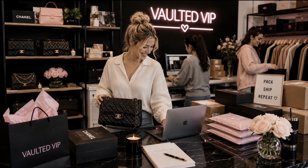 VaultedVIP packing an authenticated designer handbag for insured shipping