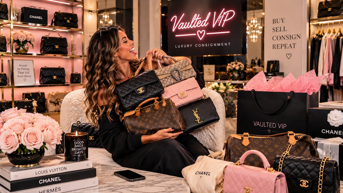 Woman holding designer handbags at VaultedVIP luxury consignment - buy, sell and consign Chanel, Louis Vuitton and more