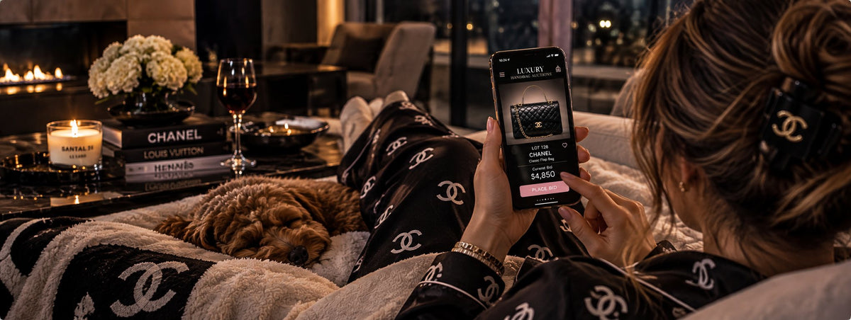 Woman shopping authenticated designer handbags on her phone at home - VaultedVIP